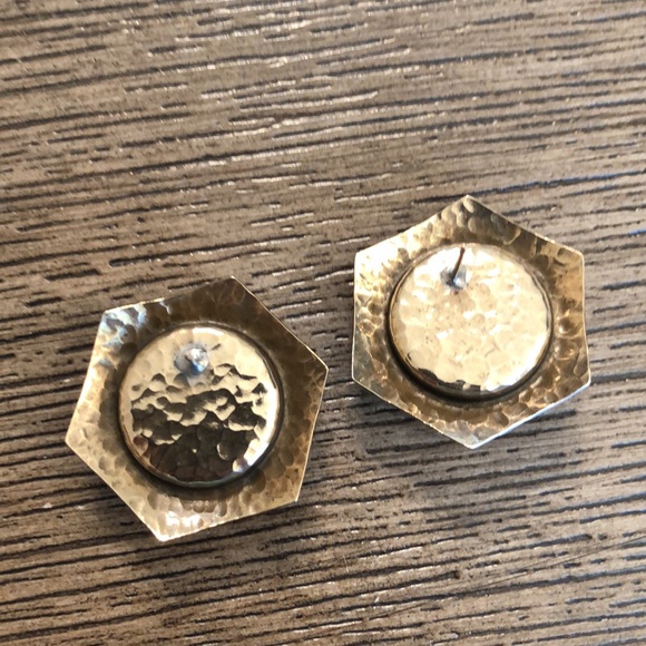 Vintage Hammered Brass Hexagon Earrings with Purple Center - Picture 6 of 14